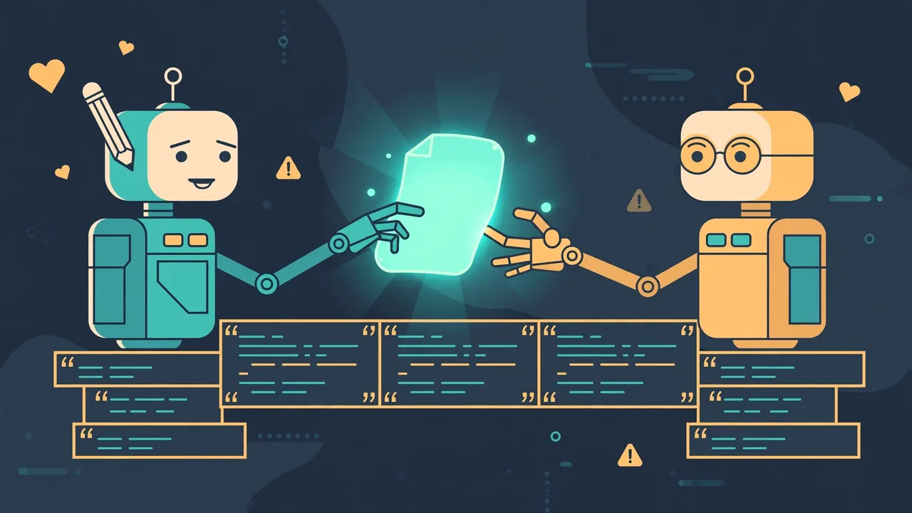 Illustration of two robotic hands exchanging a glowing document across a bridge of markdown blocks