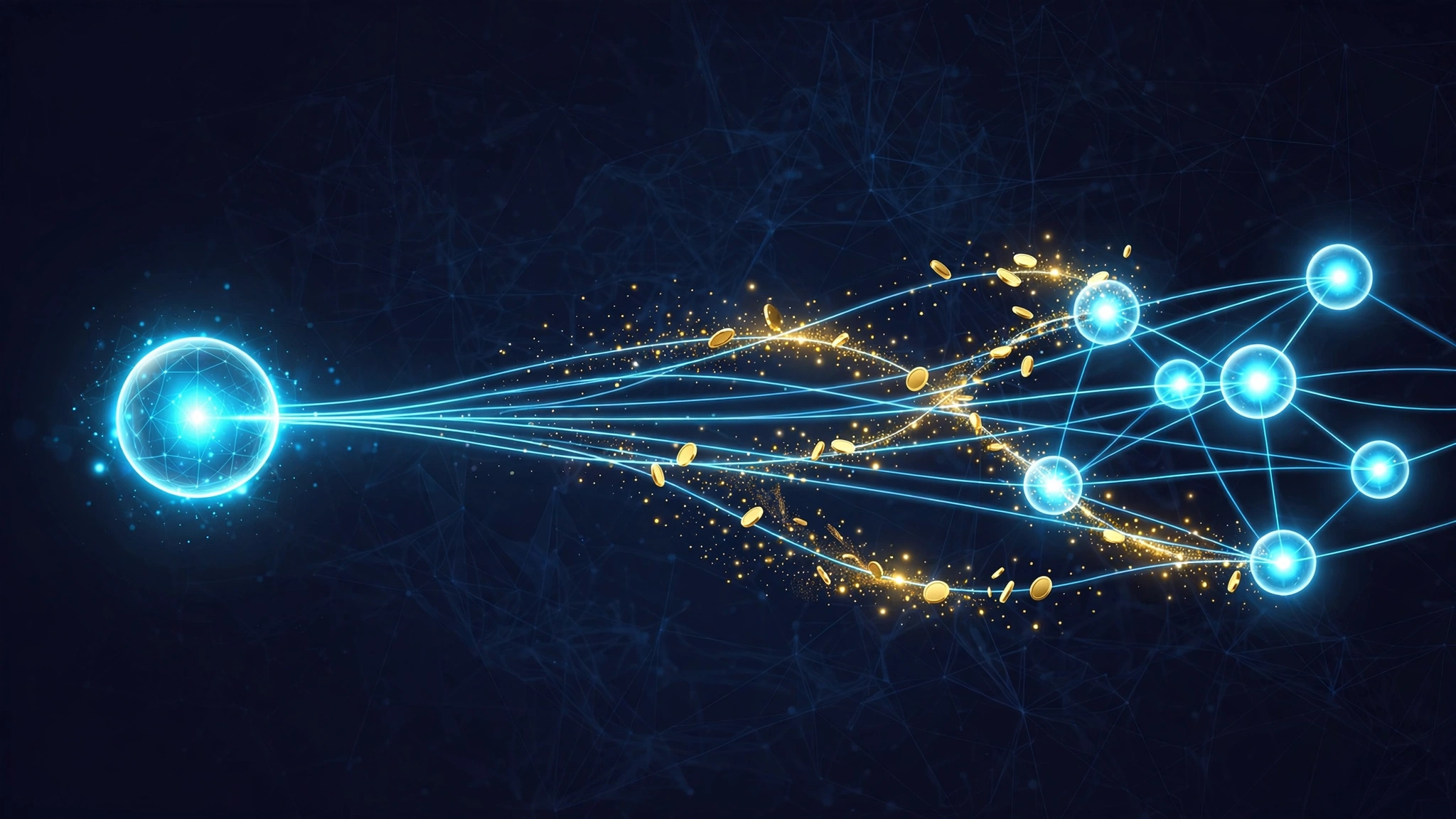 AI-generated editorial illustration: a glowing query node on the left connects by luminous threads to a cluster of similar cached nodes on the right, with golden token-coins dissolving into light along the threads