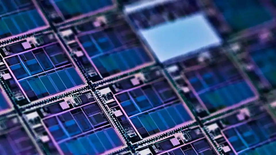 Close-up of semiconductor chip circuitry on a processed wafer