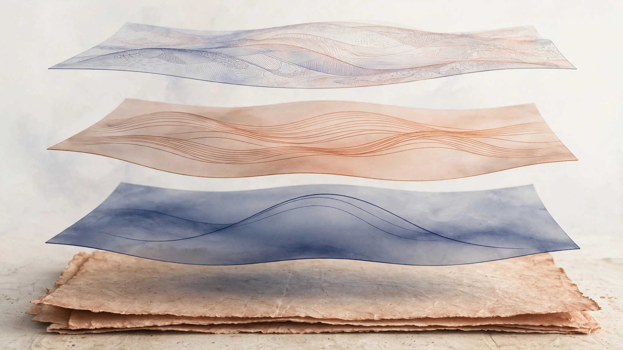 Three translucent layered sheets floating above a manuscript, illustrating revision from deep structure to surface style