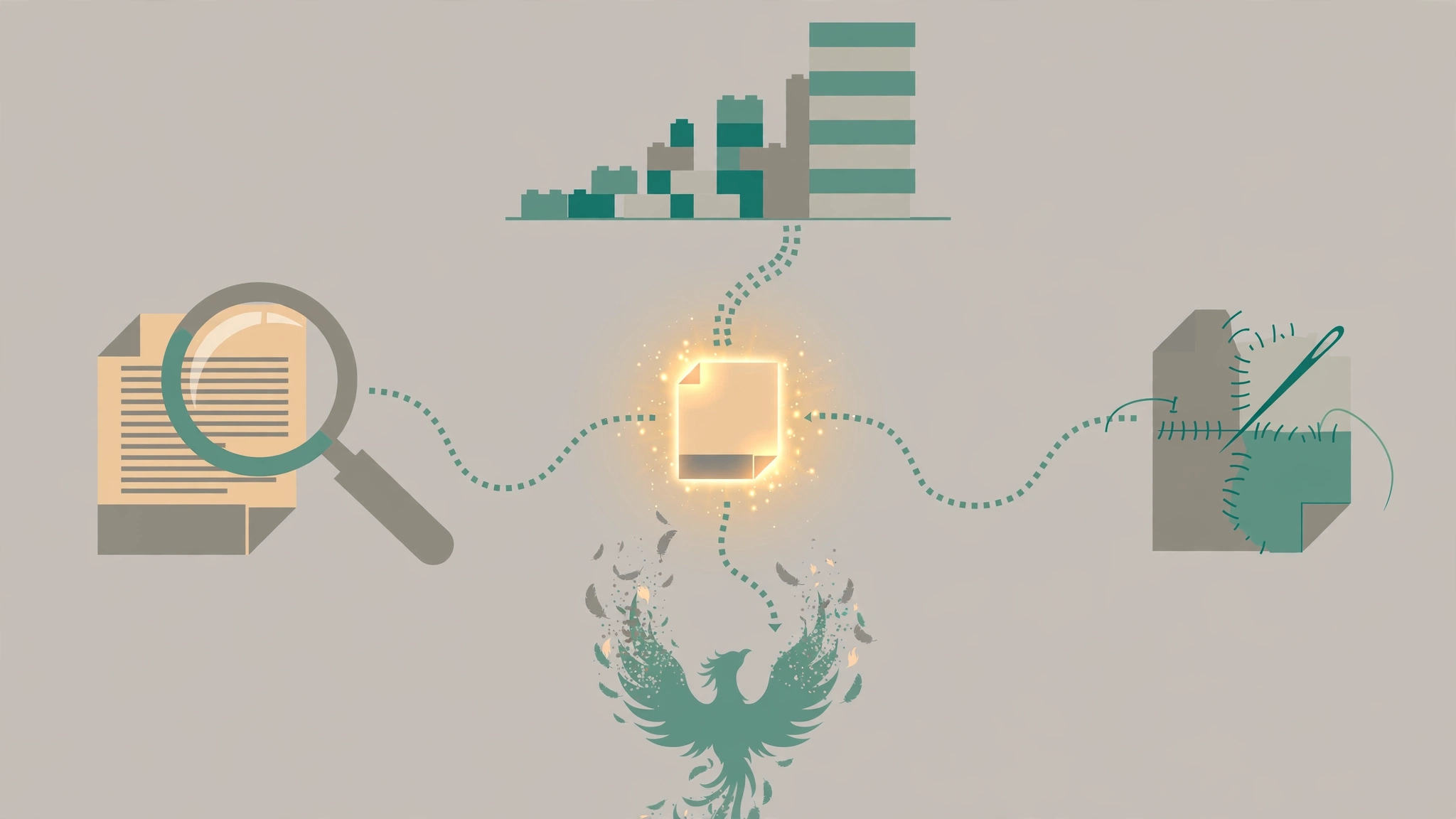 Four paths diverging from a document: building up, magnifying, mending with stitches, and phoenix-like rebirth