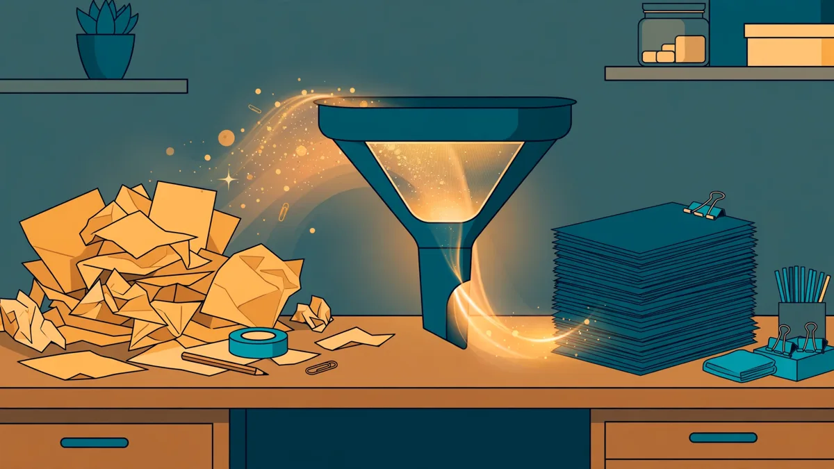 Illustration of rough draft papers passing through a glowing funnel and emerging as a neat stack