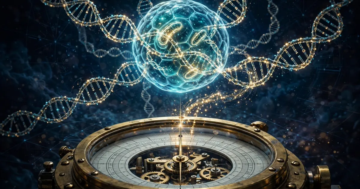A stylized glowing cell woven with DNA-like data strands above a brass calibration gauge, on a deep blue background.