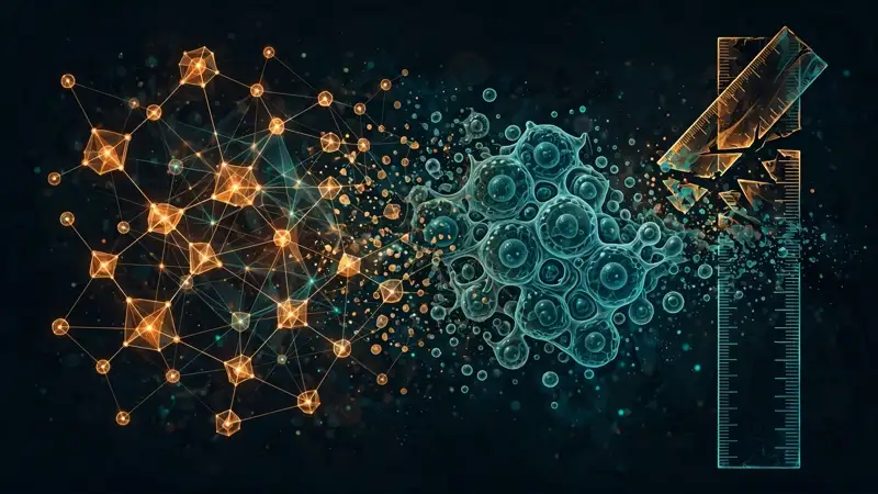 An abstract neural network dissolving into a cluster of biological cells beside a ruler realigning into a precise measuring scale.