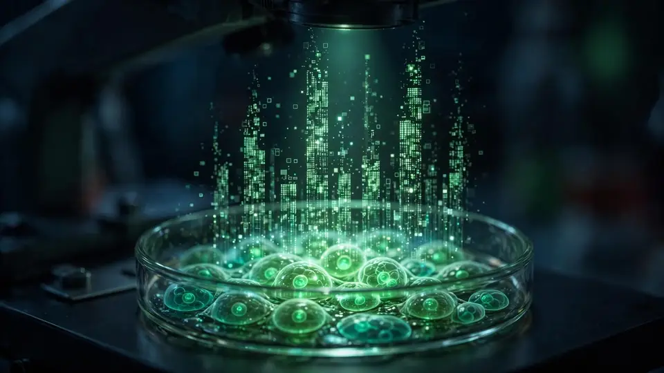 Glowing green cells in a petri dish under a microscope beam, with streams of digital data points rising above.