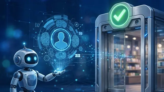 An AI agent presenting a digital identity badge to a storefront gate with a glowing approval checkmark.