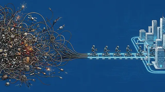 Chaotic tangled robot agents on the left resolving into a single clean glowing standard track connecting business towers on the right.
