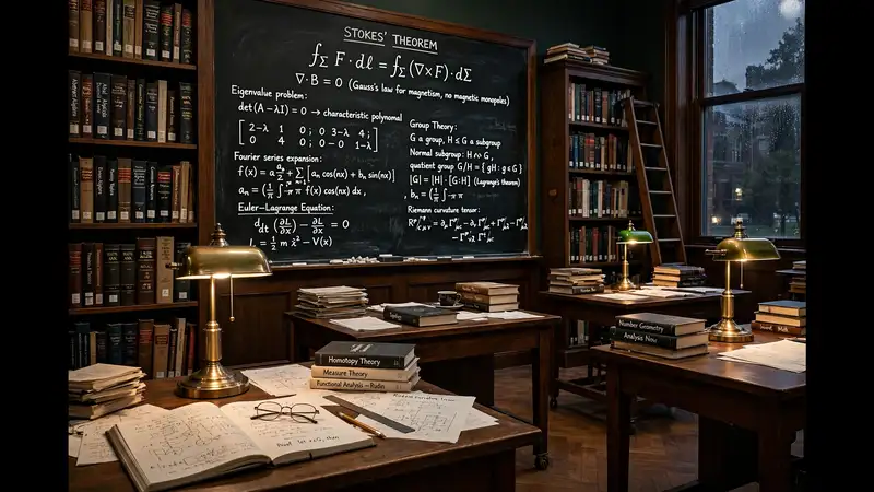 A quiet university mathematics library, blackboard dense with chalk equations