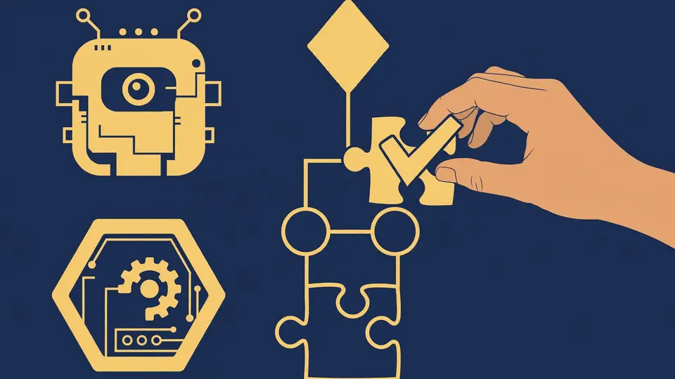 Human hand placing a checkmark puzzle piece into a machine-built proof diagram, navy and gold