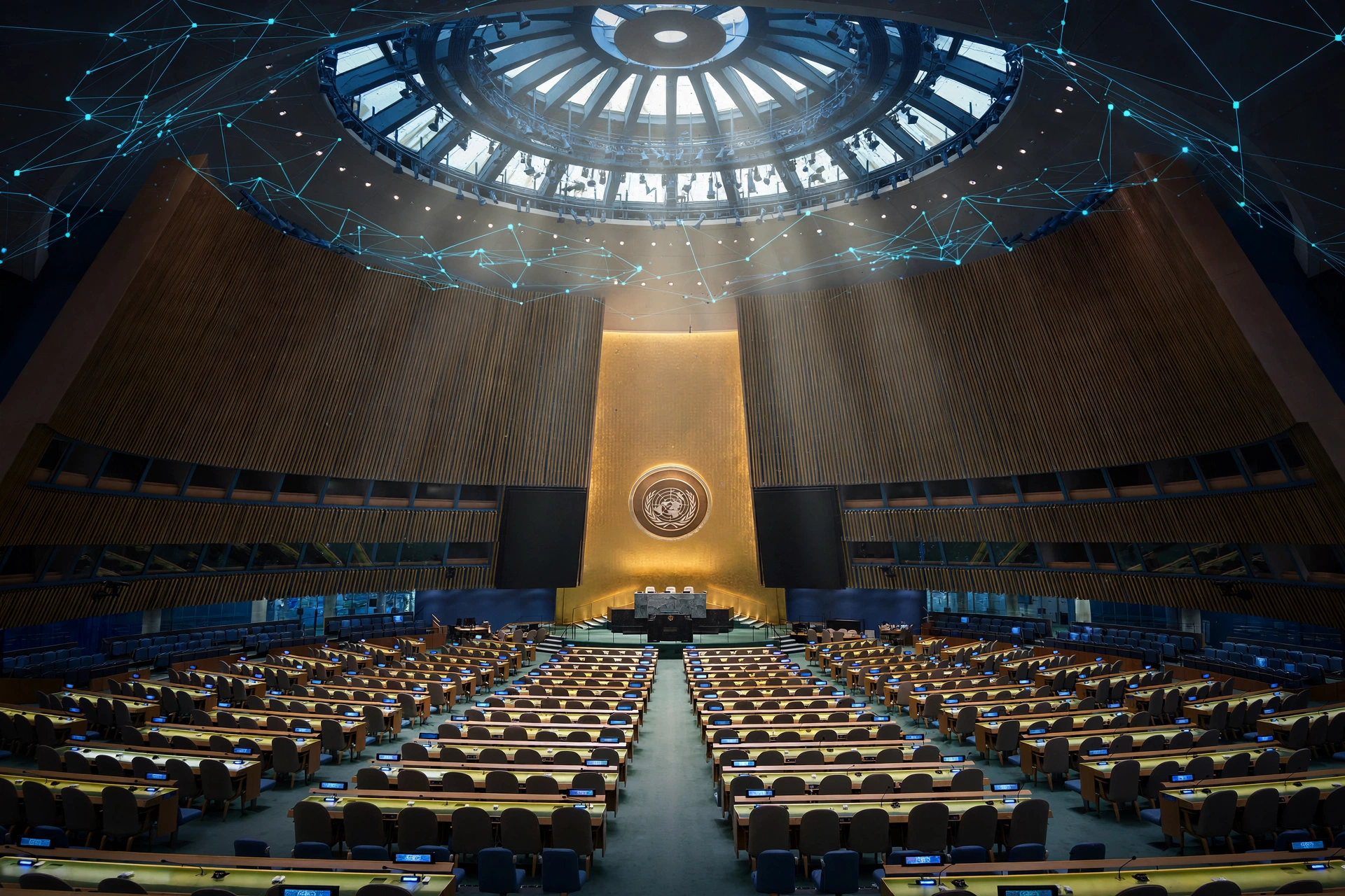 Illustration of the United Nations General Assembly hall with a luminous digital network arcing over the chamber, evoking AI governance