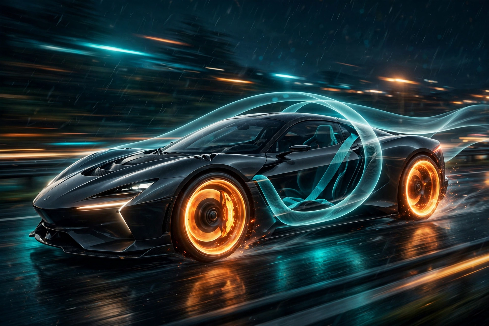 Illustration of a fast sports car with glowing light bands wrapped around it as safeguards, evoking Balakrishnan's fast-car metaphor for AI progress