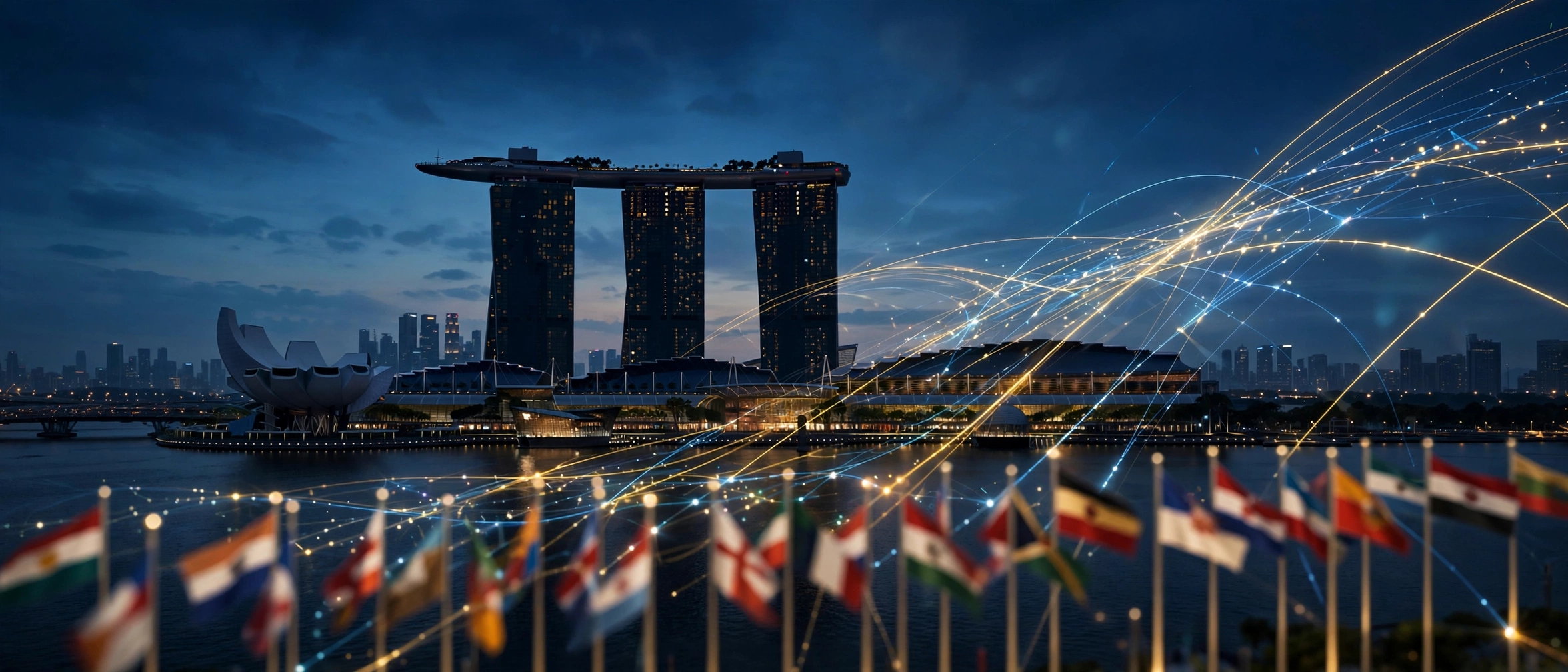 Illustration of the Singapore skyline at dusk with world flags in the foreground and glowing data streams overhead