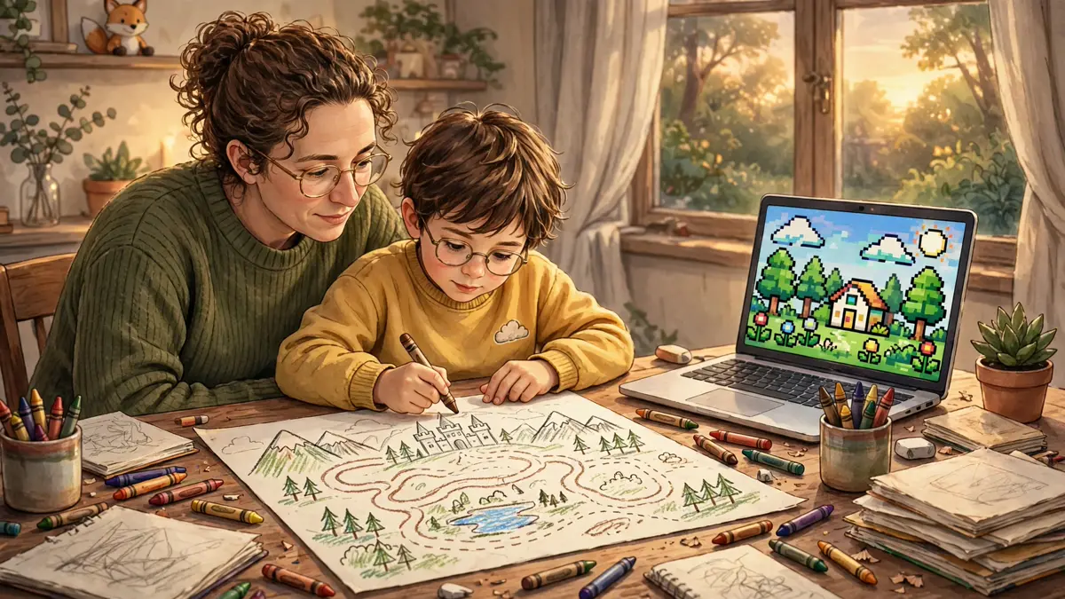A parent and a young child sketching a game map on paper at a desk, with a laptop showing pixel art beside them