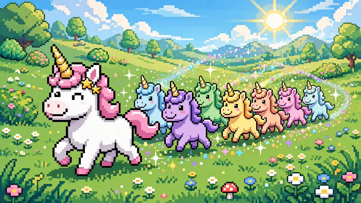 A herd of colorful pixel-art unicorns following a lead unicorn across a sunny meadow
