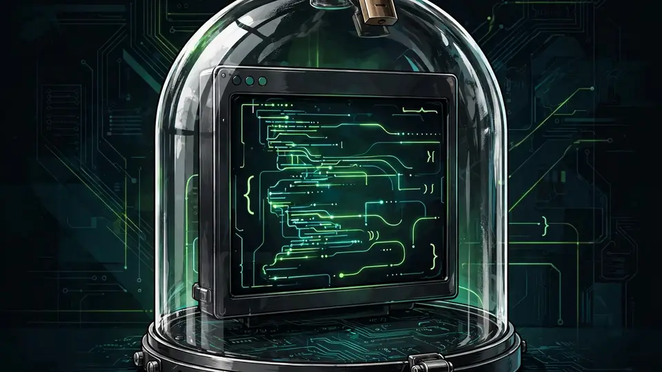 A terminal sealed inside a locked glass dome, representing a sandboxed network