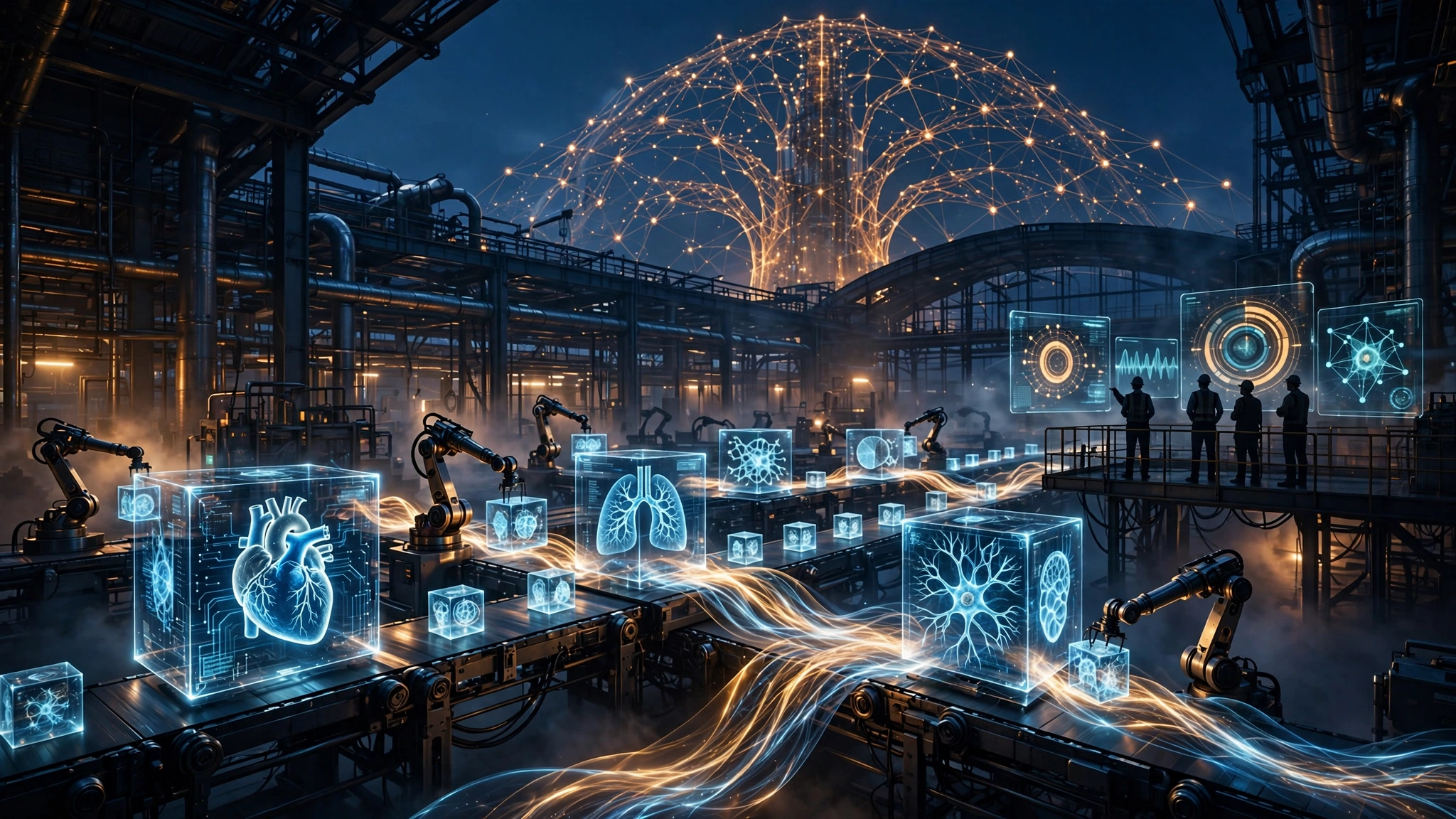 Editorial illustration of a data factory at dusk: robotic arms sorting glowing data cubes while human experts review floating screens and a neural network towers behind