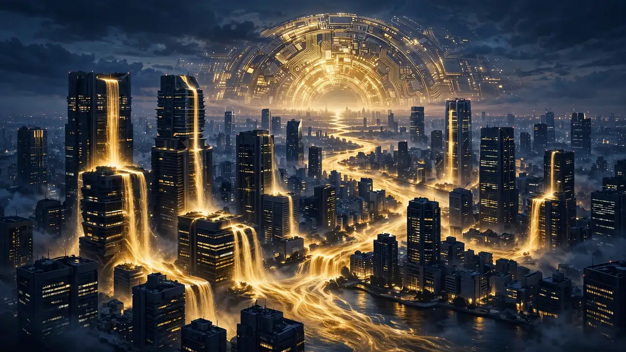 Tokyo financial district skyline at dusk with rivers of golden light flowing toward a glowing circuit-board vault, an editorial illustration of capital flowing into AI