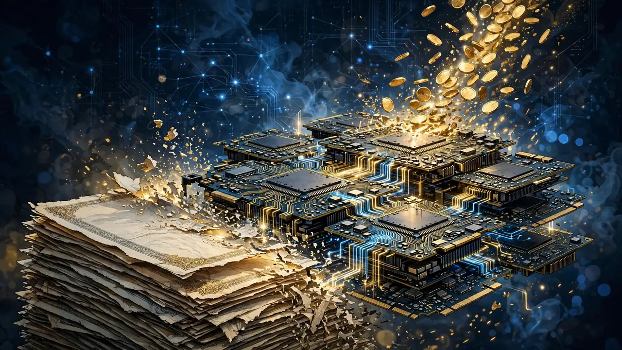 Stack of bond certificates dissolving into GPU chips as golden coins rain down, an editorial illustration of debt-funded AI investment