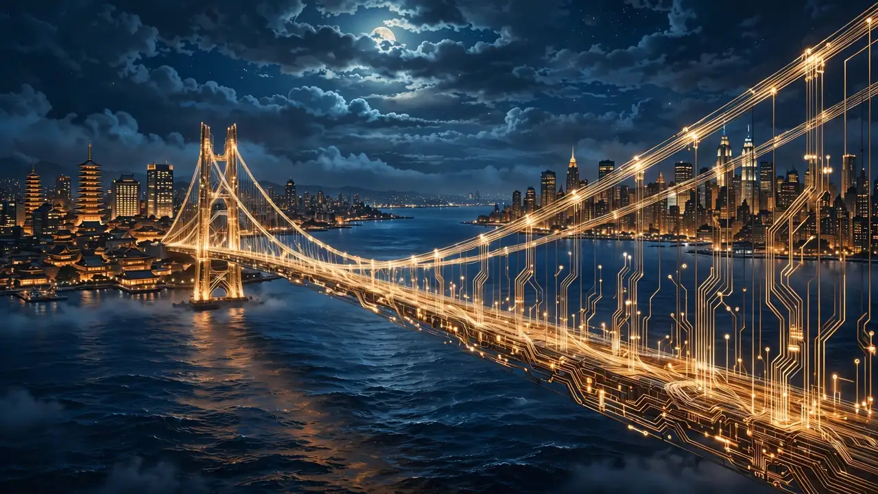 A glowing fiber-optic suspension bridge spanning the night ocean between a Japanese-style and an American-style skyline, an editorial illustration of the SoftBank-OpenAI connection