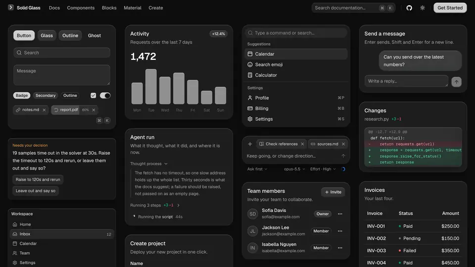 Solid Glass components in the dark theme: panels, status lines and agent interface pieces