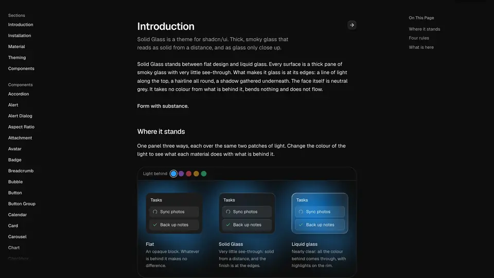 One panel three ways: flat design, Solid Glass, and liquid glass compared