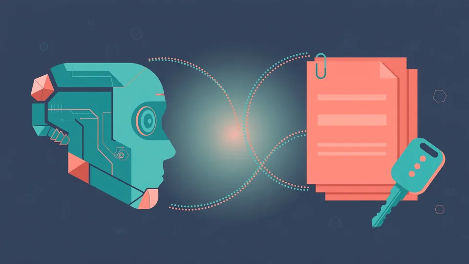 An AI head in profile connected by dotted lines to insurance documents and a car key