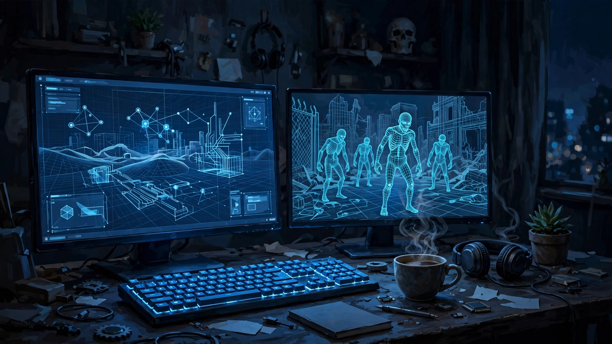 An illustrator's view of a late-night developer desk: dual monitors showing game-engine code and wireframe zombie models, keyboard glowing blue