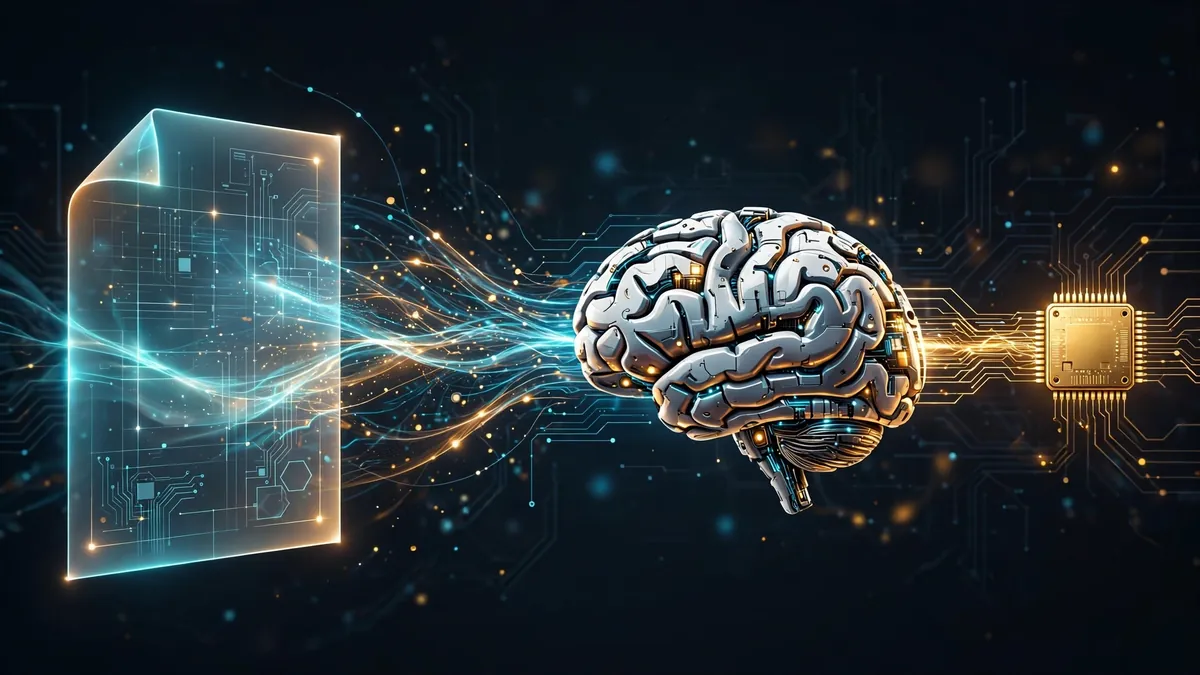 A glowing configuration document flowing into a robot brain that outputs a small golden adapter chip