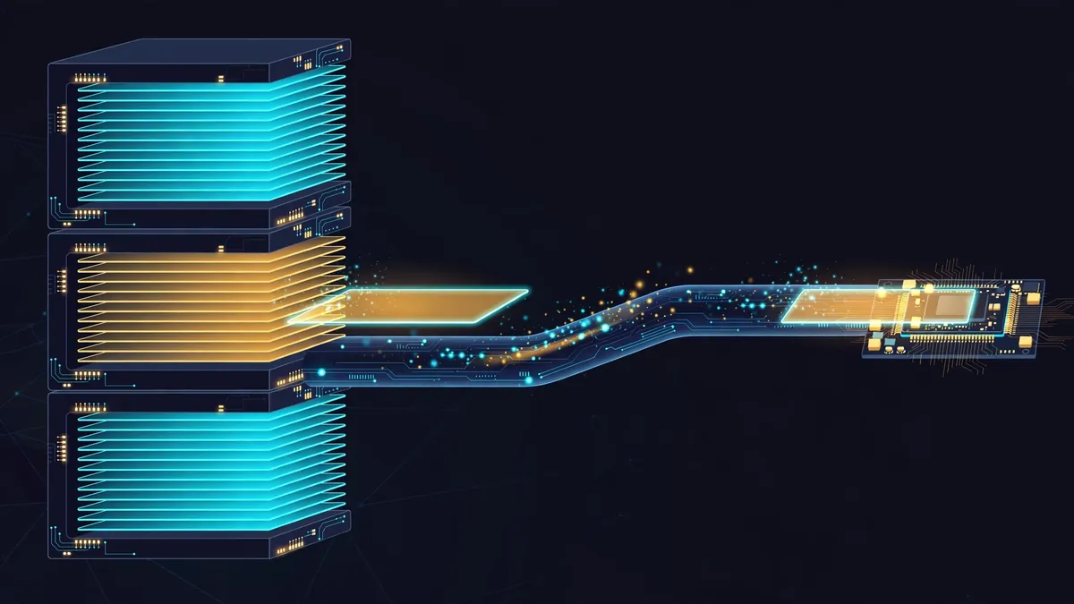 Abstract diagram of a stack of model layers in memory with a single layer flowing into a small graphics card