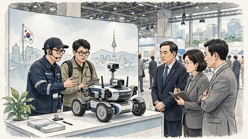 Engineers demonstrating a four-wheeled robot to officials at a trade-show booth