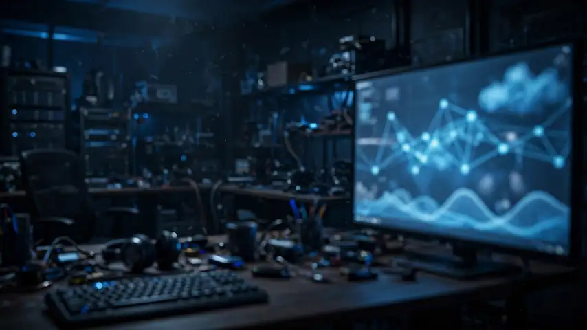 A monitor glowing in a dark room, showing blurred penetration-testing terminal windows — AI-assisted intrusion tools are suspected in the Korean bank breaches.