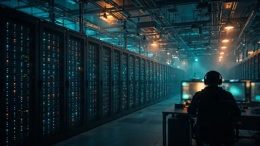 A security analyst monitoring rows of servers in a bank data center — Korean regulators are pushing AI-driven detection in response to the breaches.