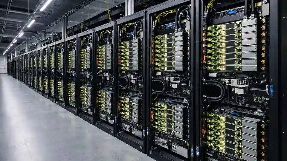 Rows of GPU server racks in an AI data center.
