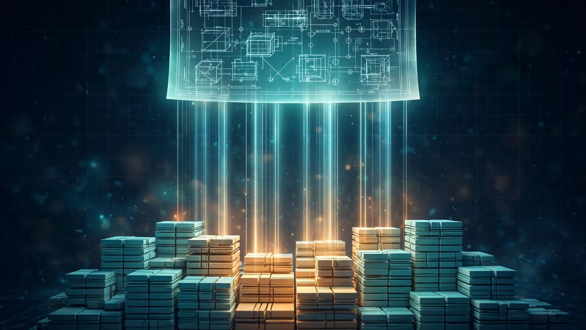 AI-generated editorial illustration: a glowing blueprint document at the top radiating streams of light that condense into orderly stacks of code blocks below