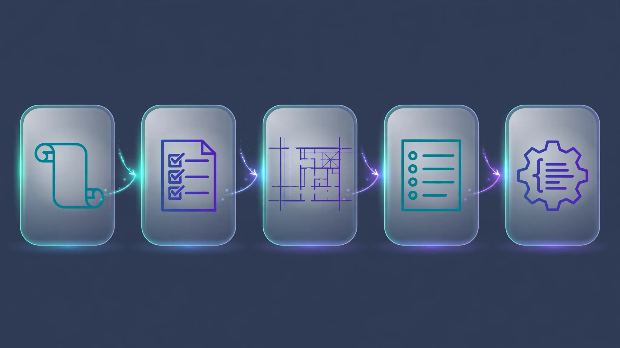 Diagram of the five-stage spec-driven workflow: principles, specification, plan, task list, and implementation as connected panels