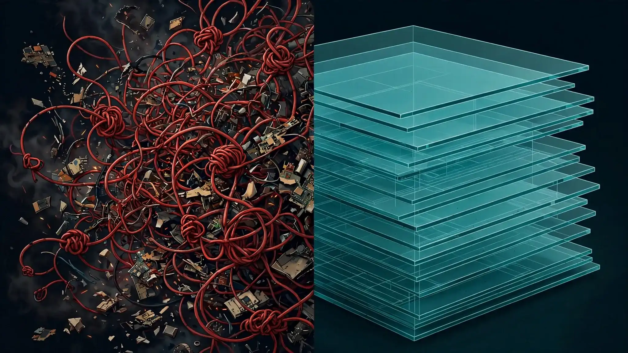 Split illustration: tangled red wires representing unguided AI coding on the left, orderly teal glass layers representing spec-driven development on the right