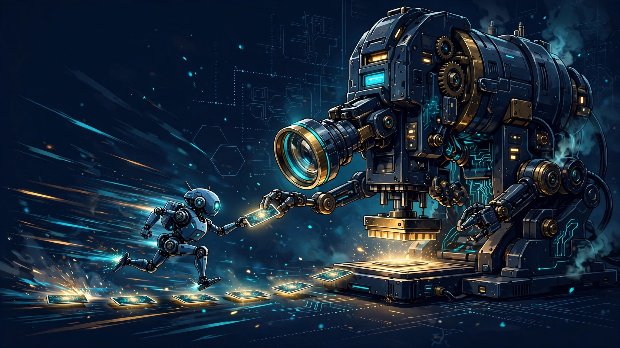 A small scout robot handing drafted token cards to a giant verifier robot beside a large language model core
