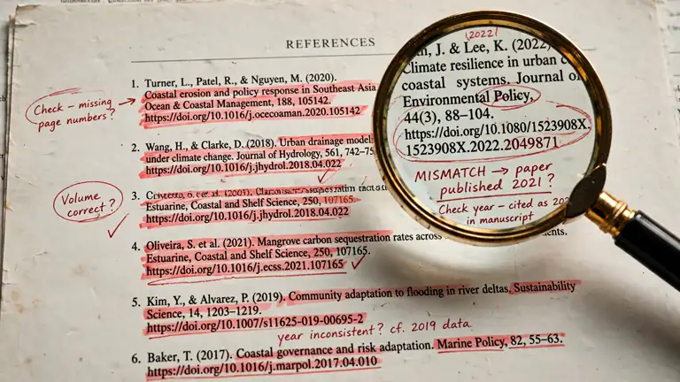 A research paper reference list under scrutiny, mismatched citations highlighted