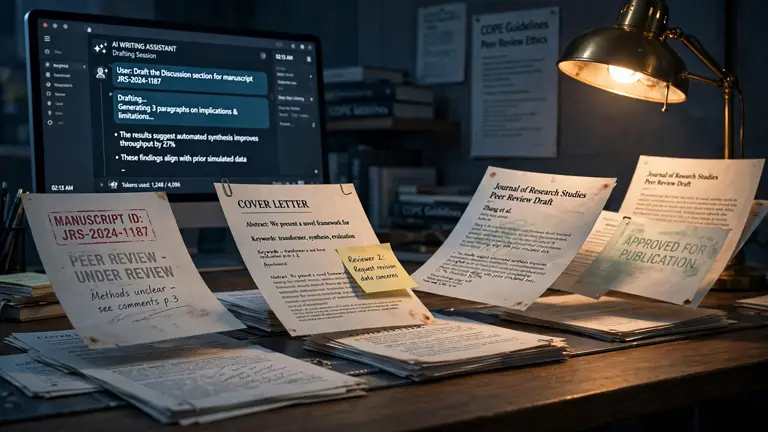 A manuscript passing through peer review while an AI drafts in the background