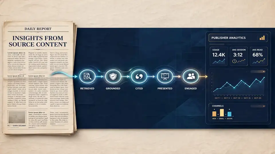 Illustration of the five Content Telemetry stages — retrieved, grounded, cited, presented, engaged — flowing from a newspaper into a publisher analytics dashboard