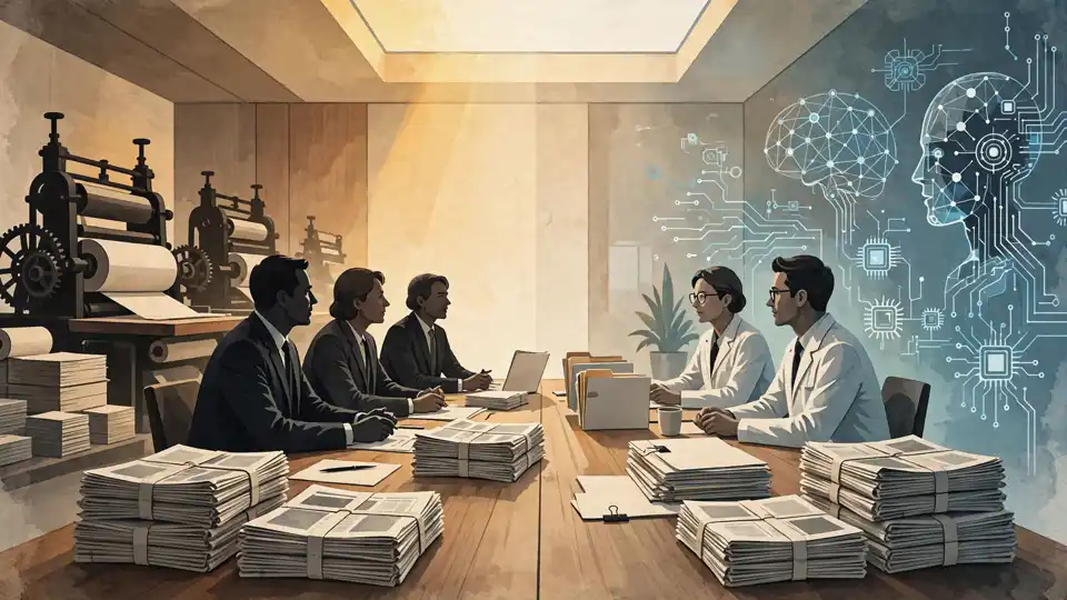 Illustration of publishers and AI labs negotiating licensing terms at a table, with printing presses on one side and neural-network motifs on the other
