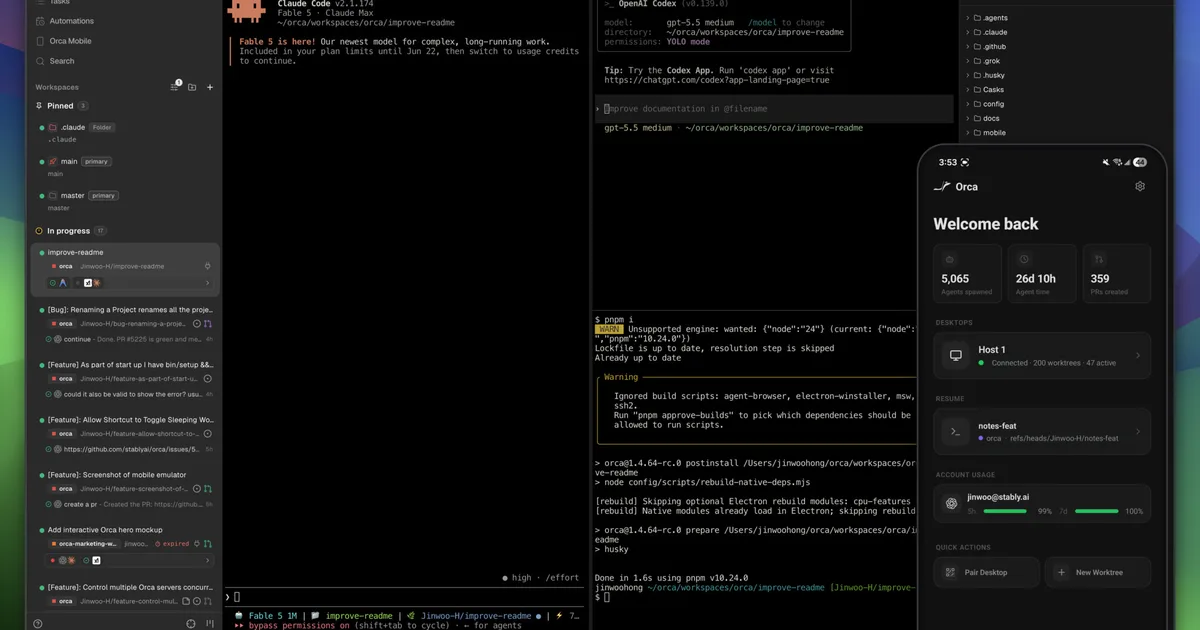Orca’s official hero image: the desktop agent development environment with parallel agent tabs for Claude Code, Codex and terminals, a workspaces sidebar, and the mobile companion app