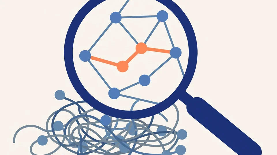 Illustration of a magnifying glass untangling changed dependency connections in code