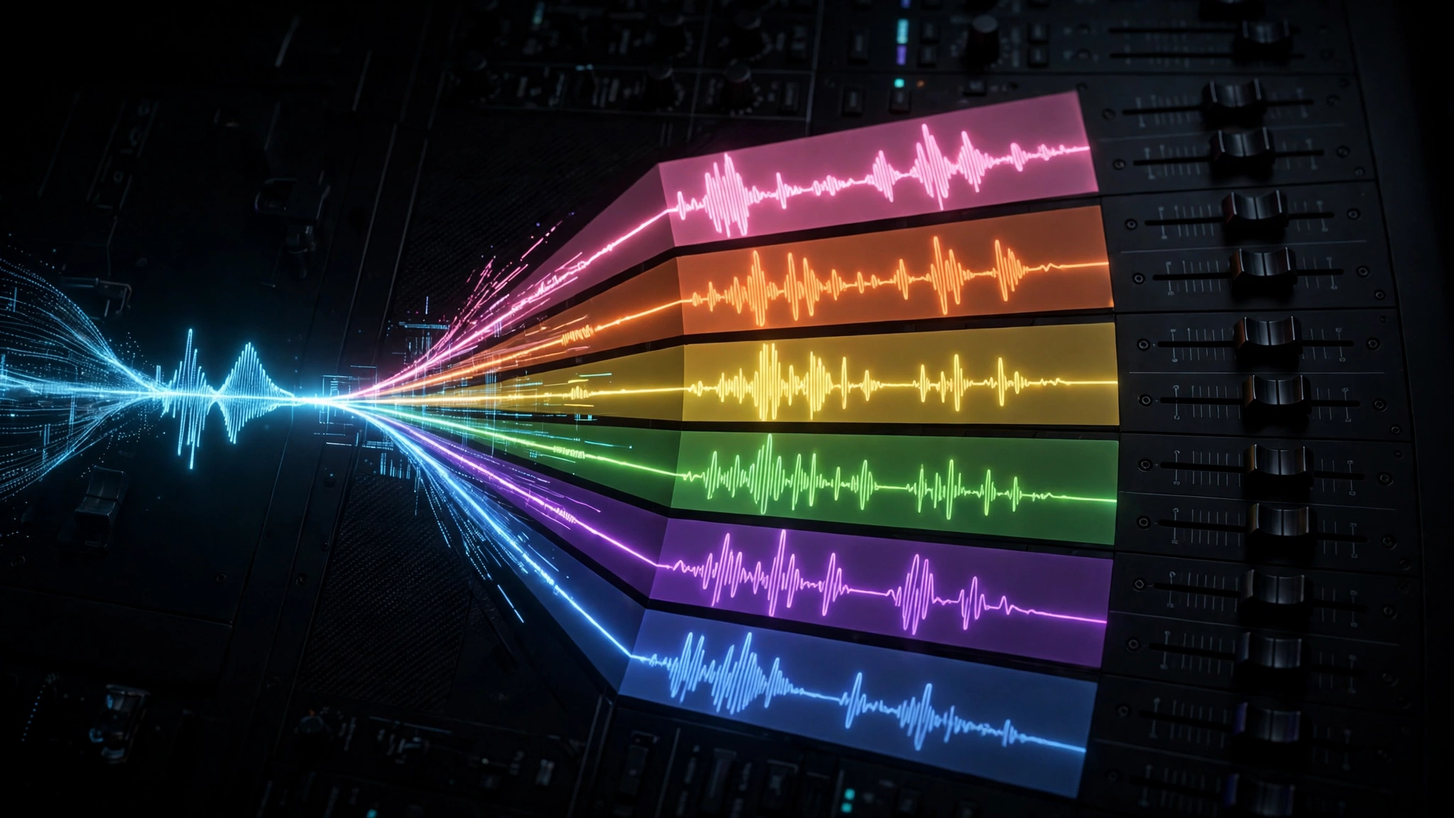 A single glowing audio waveform fanning out into six colored lanes over a dark mixer console