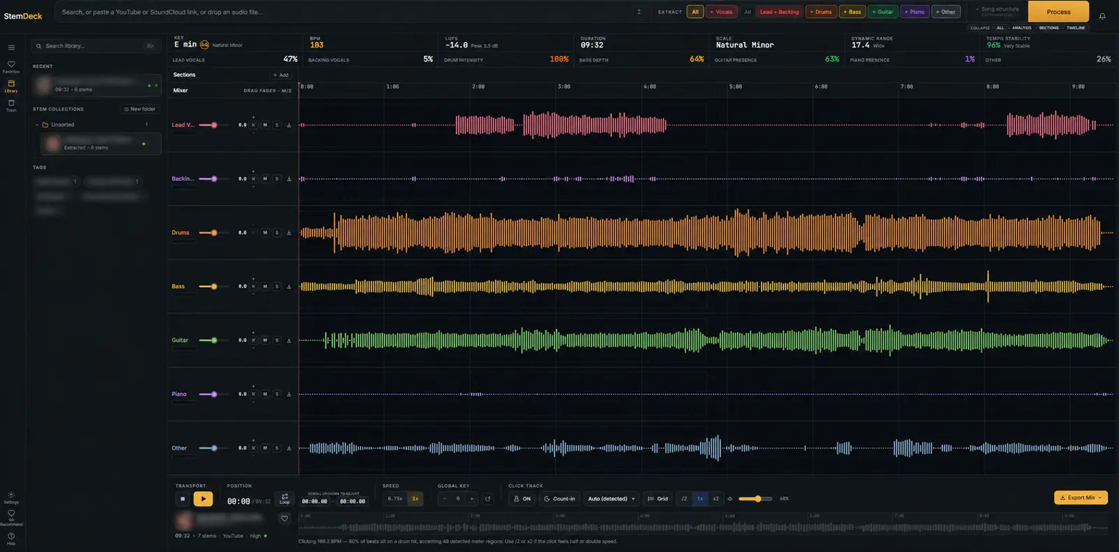 The StemDeck DAW interface: analysis cards across the top and seven colored stem lanes with waveforms, faders, and mute/solo controls