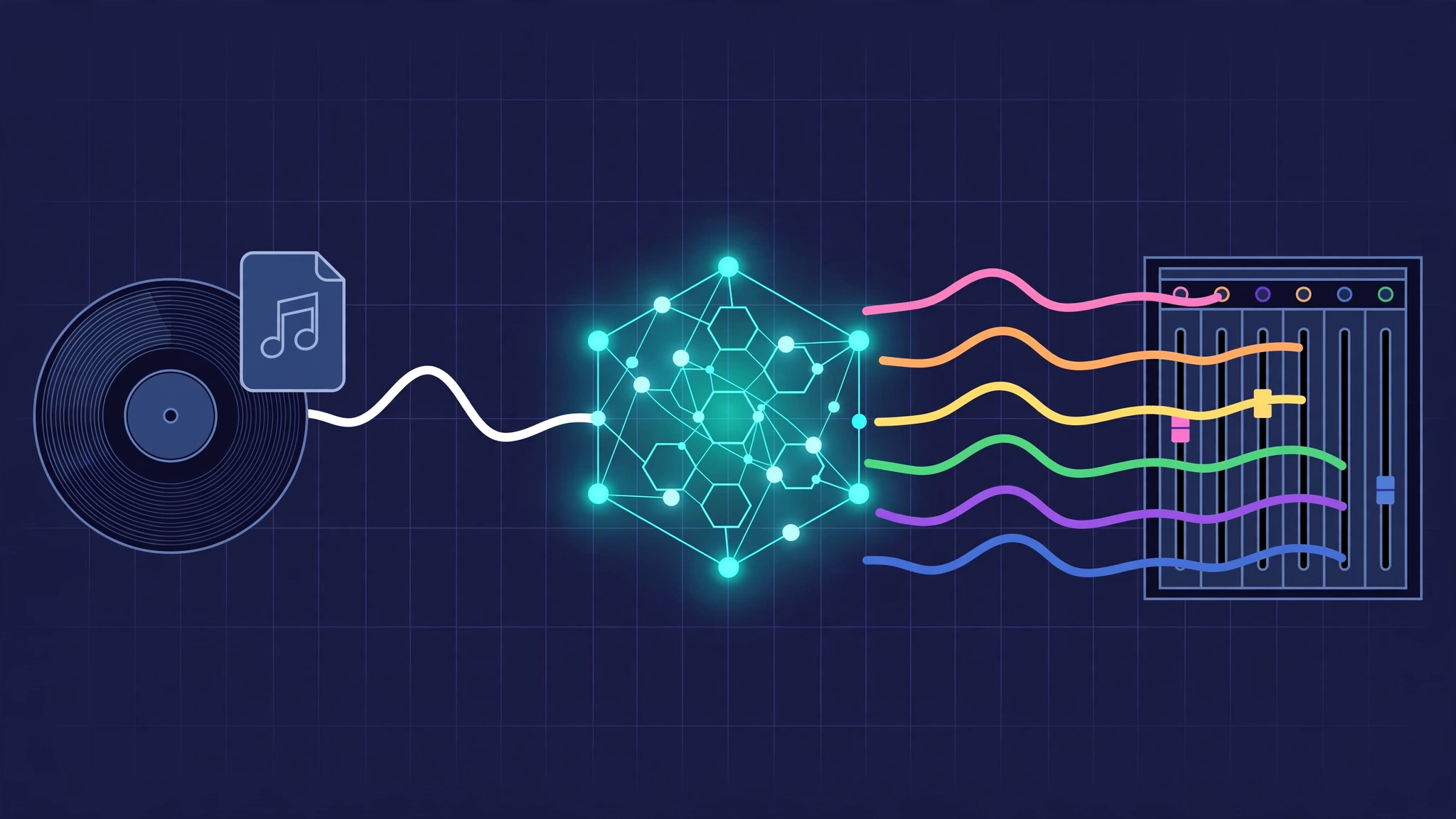 Diagram of the StemDeck pipeline: an audio file flows into a neural network and fans out into six colored stems feeding a mixer