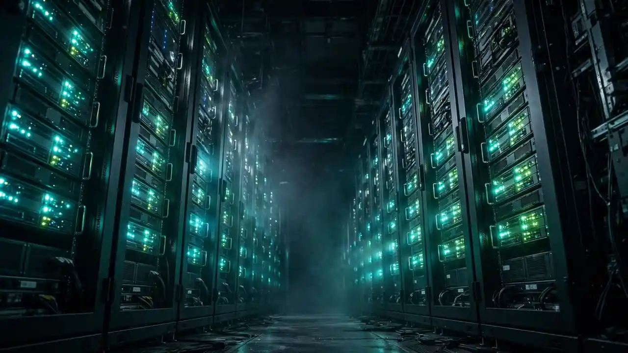 GPU server racks glowing in a dark datacenter aisle