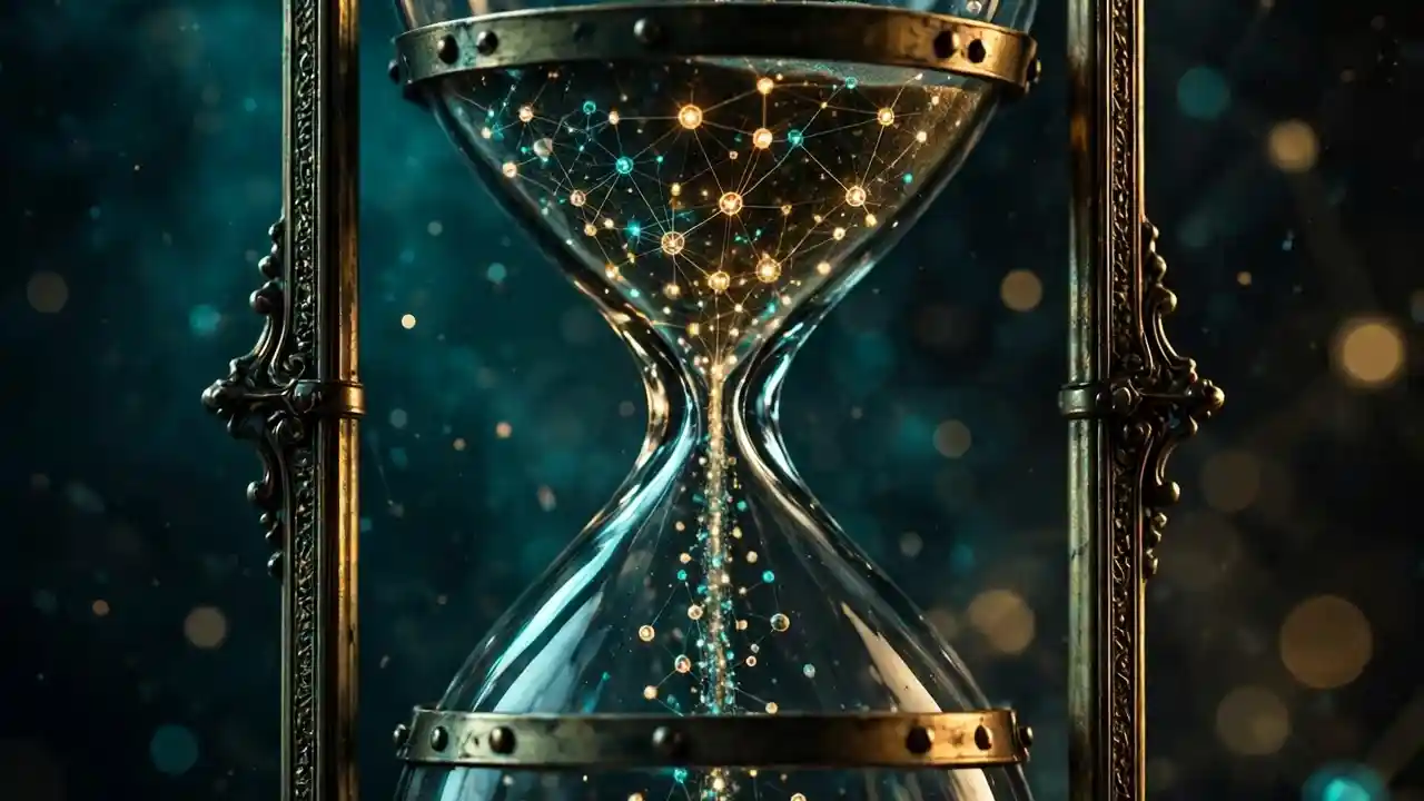 An hourglass with glowing neural-network nodes falling as sand