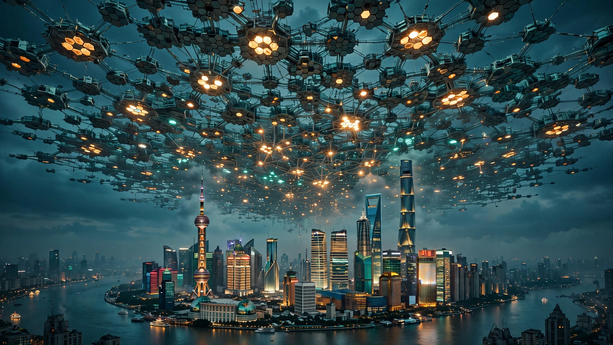 A vast mosaic of glowing sparse neural-network expert modules arching over the Shanghai skyline at dusk