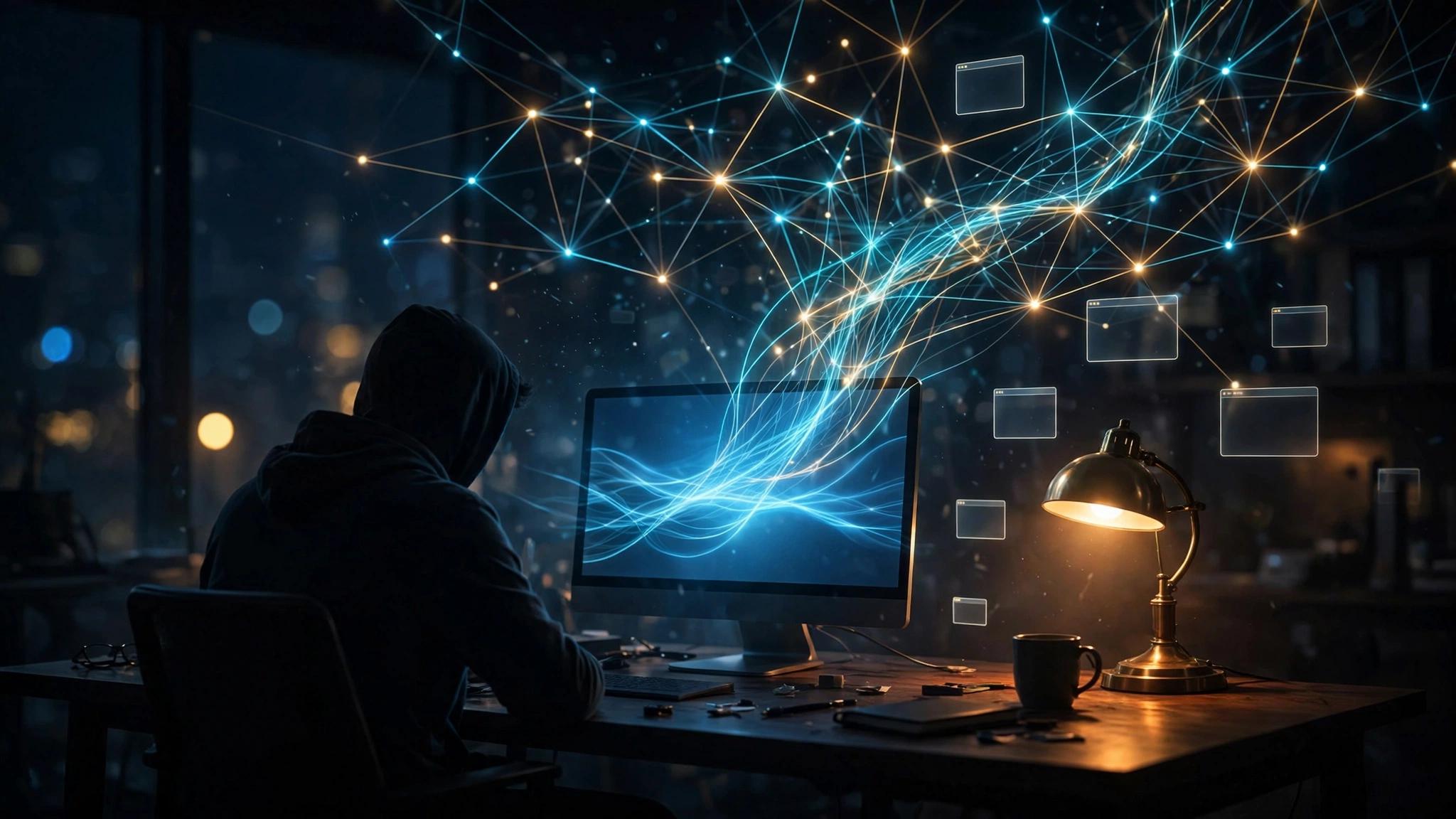 An engineer working late while streams of code rise from the monitor into a web of autonomous agent pathways